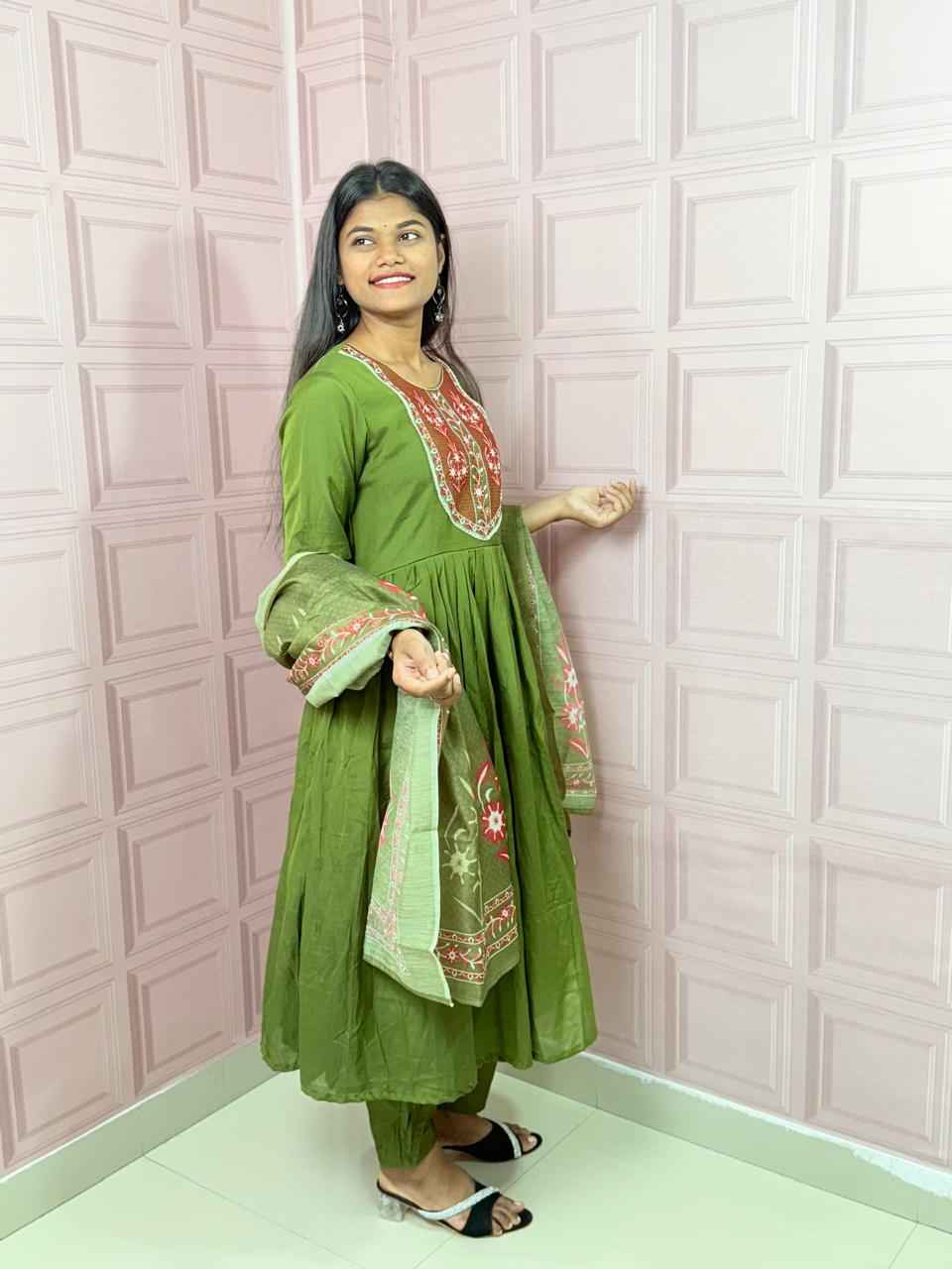 Green  Pure mul chanderi Anarkali with embroidery work