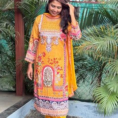 Lichi Linen Cotton straight kurta set with digital print and handwork