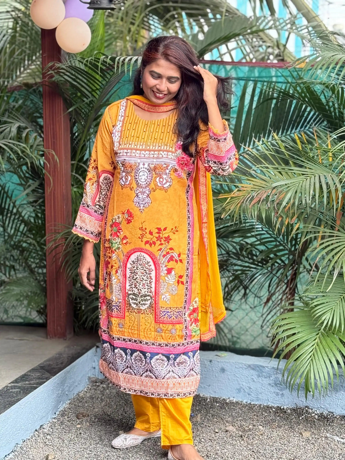 Lichi Linen Cotton straight kurta set with digital print and handwork