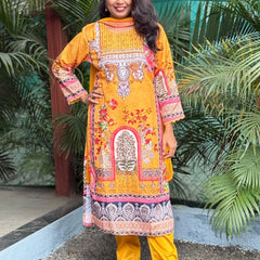 Lichi Linen Cotton straight kurta set with digital print and handwork