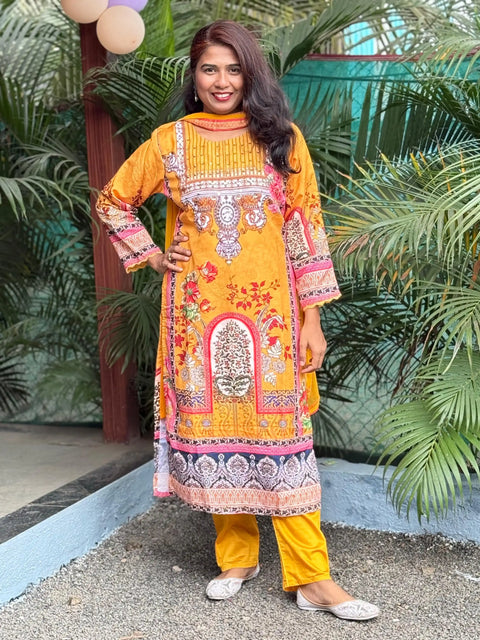 Lichi Linen Cotton straight kurta set with digital print and handwork