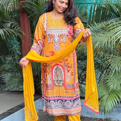 Lichi Linen Cotton straight kurta set with digital print and handwork