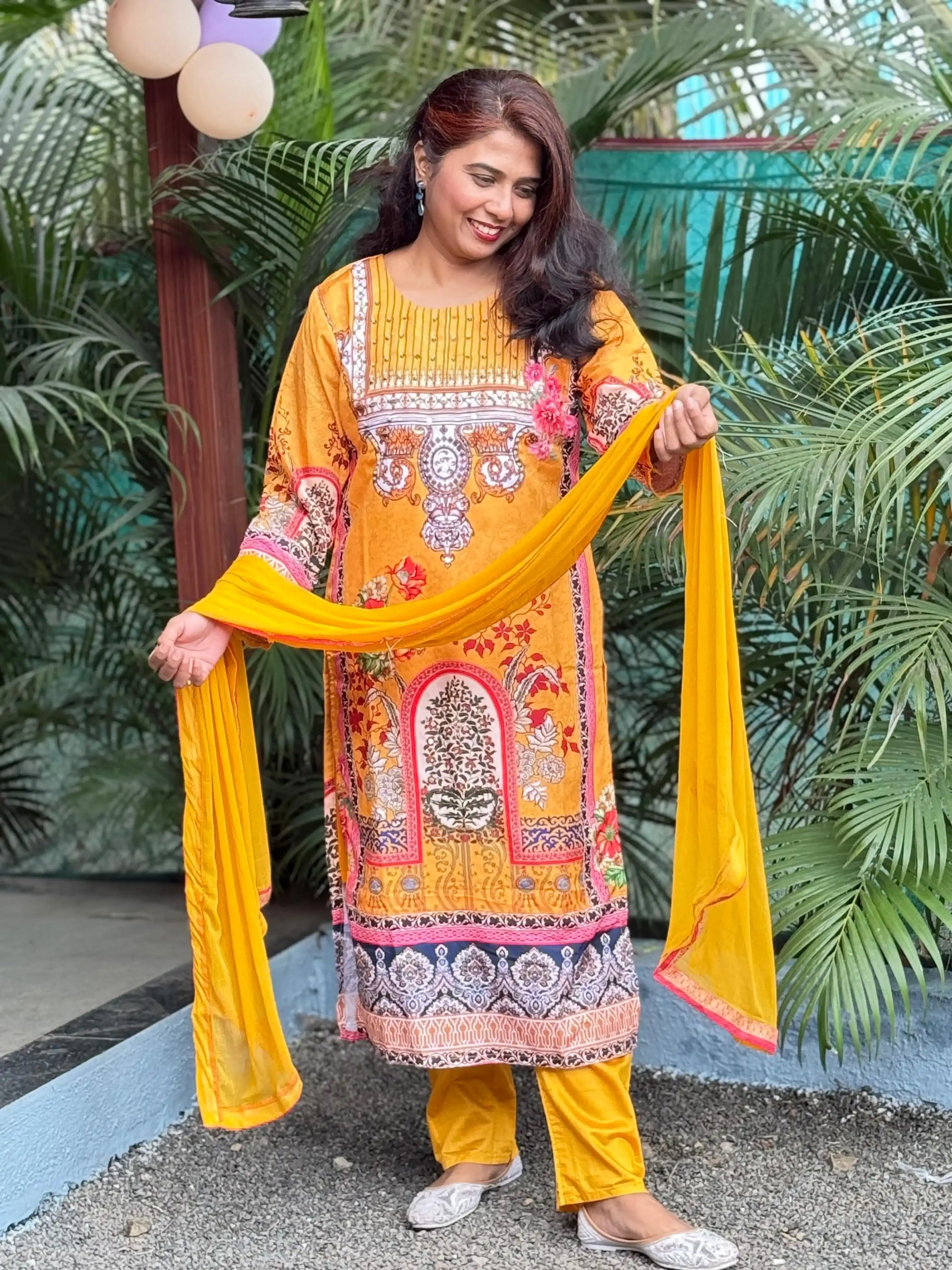 Lichi Linen Cotton straight kurta set with digital print and handwork