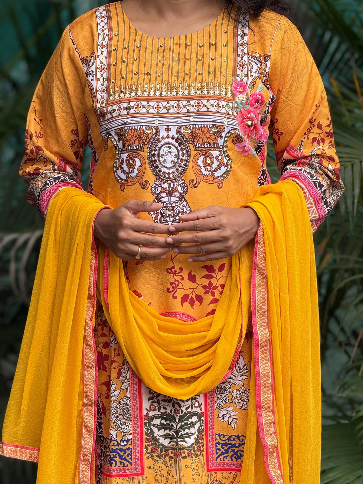 Lichi Linen Cotton straight kurta set with digital print and handwork
