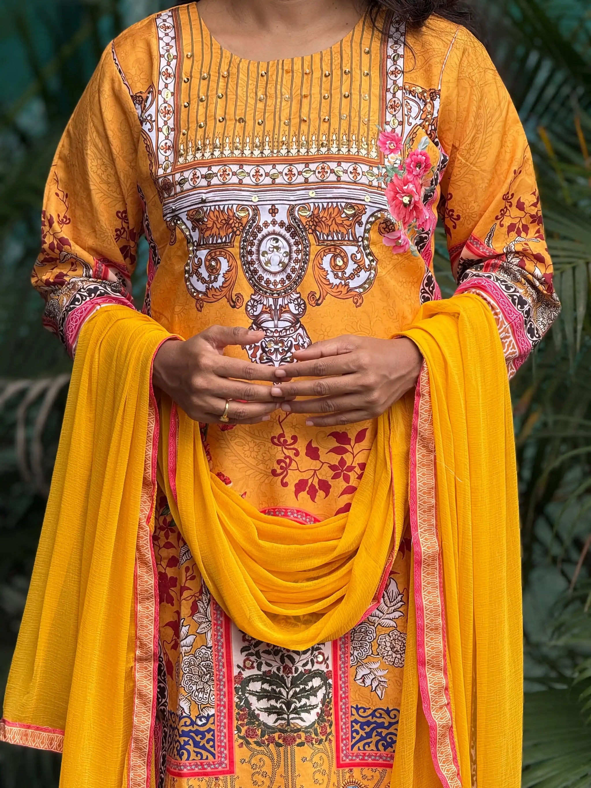Lichi Linen Cotton straight kurta set with digital print and handwork