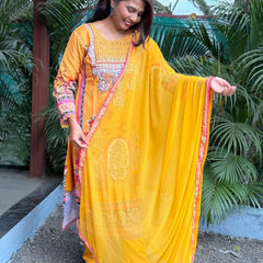 Lichi Linen Cotton straight kurta set with digital print and handwork