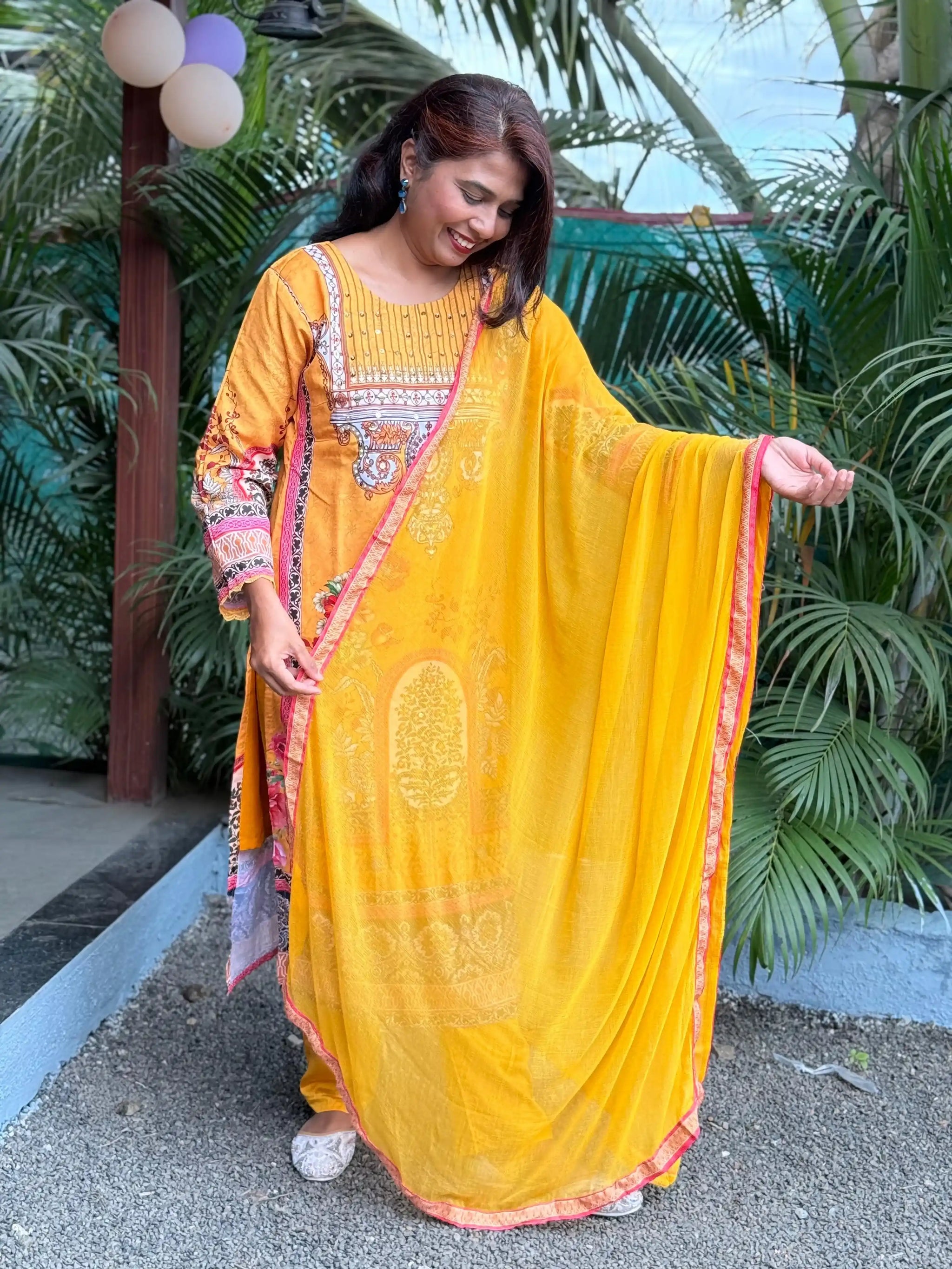 Lichi Linen Cotton straight kurta set with digital print and handwork