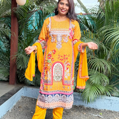 Lichi Linen Cotton straight kurta set with digital print and handwork