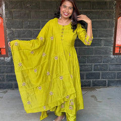 Lime green color Pure Mul chanderi Anarkali