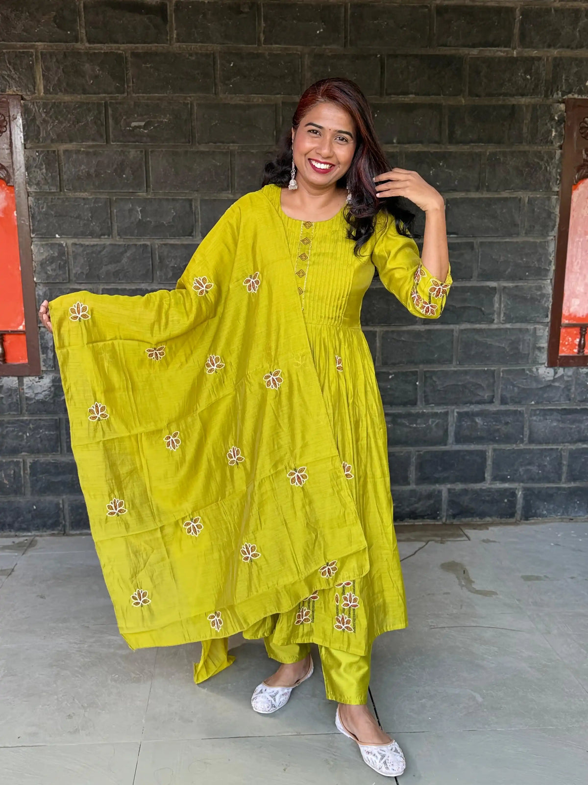 Lime green color Pure Mul chanderi Anarkali