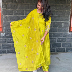 Lime green color Pure Mul chanderi Anarkali