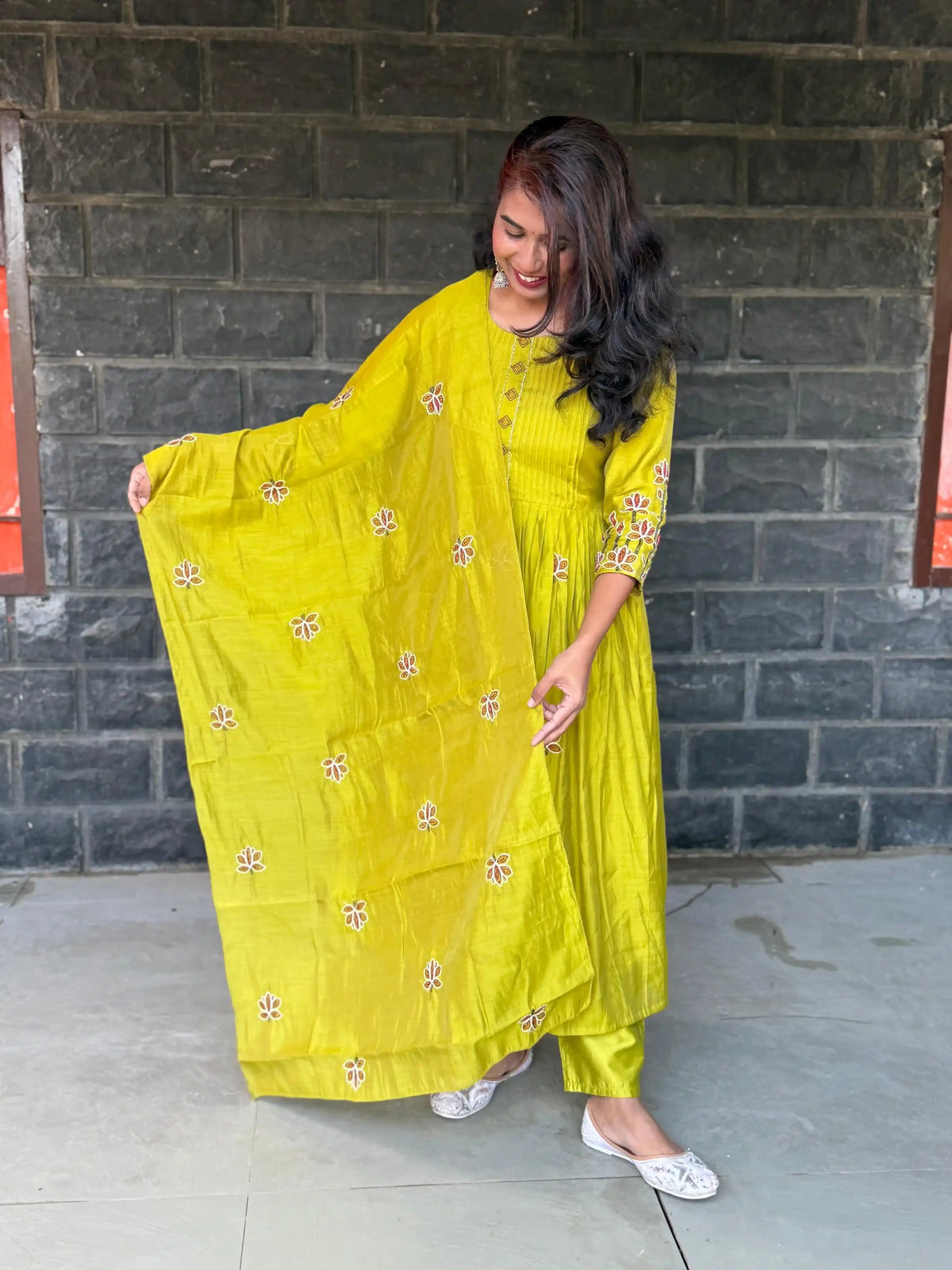 Lime green color Pure Mul chanderi Anarkali