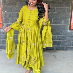 Lime green color Pure Mul chanderi Anarkali