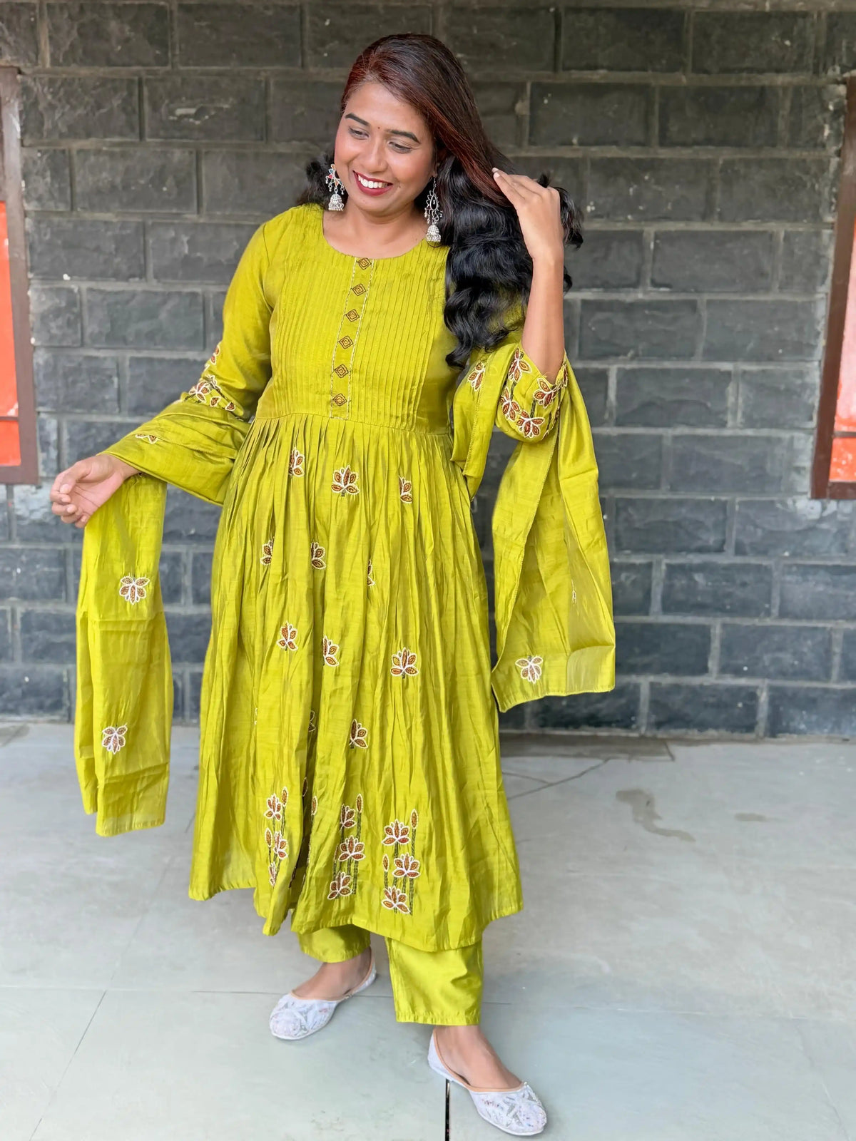 Lime green color Pure Mul chanderi Anarkali