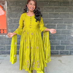 Lime green color Pure Mul chanderi Anarkali