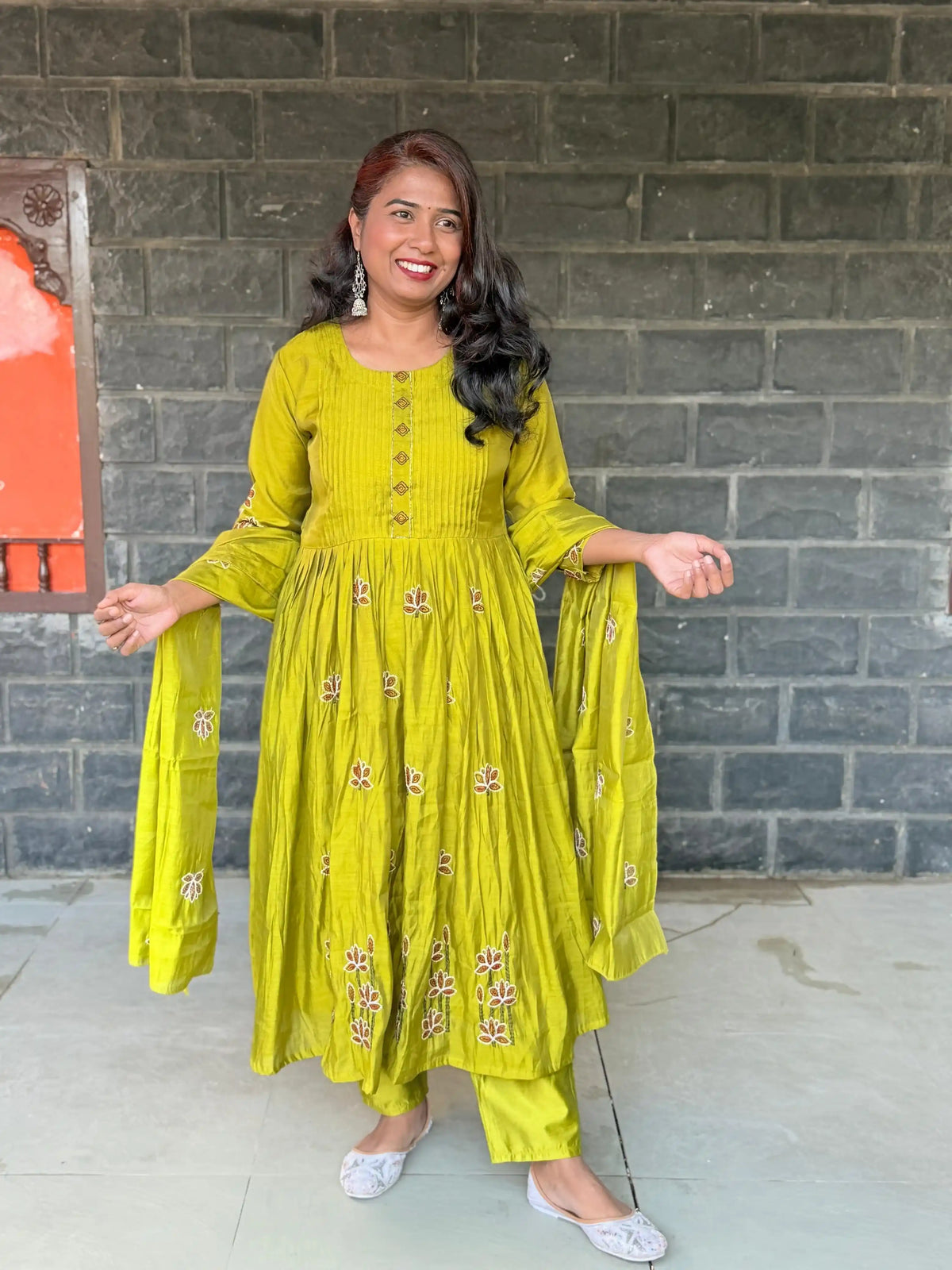 Lime green color Pure Mul chanderi Anarkali