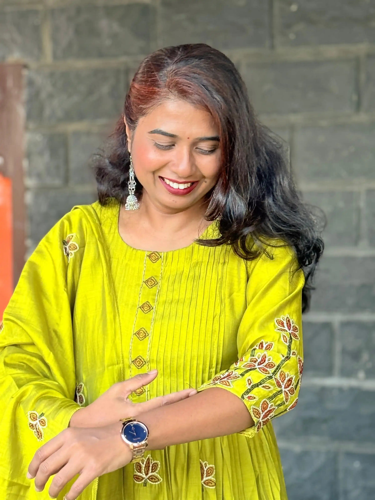 Lime green color Pure Mul chanderi Anarkali