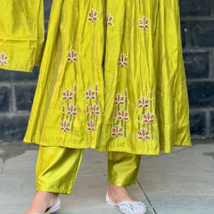 Lime green color Pure Mul chanderi Anarkali