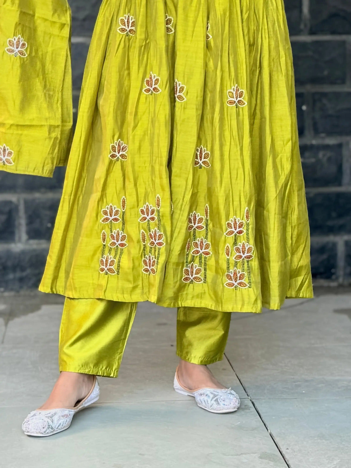 Lime green color Pure Mul chanderi Anarkali