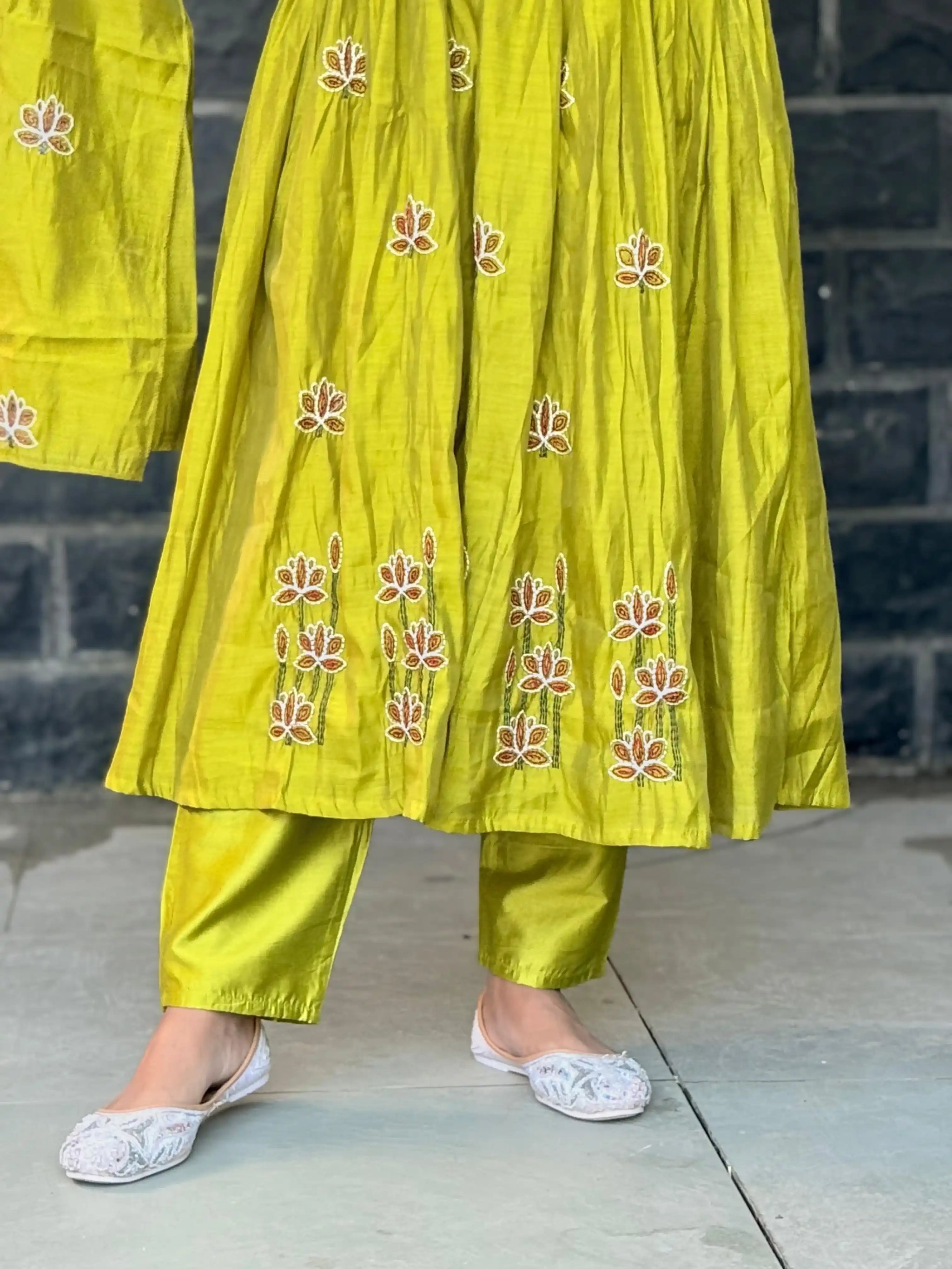 Lime green color Pure Mul chanderi Anarkali
