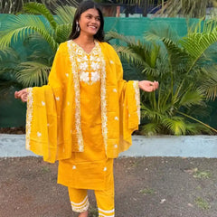 Yellow cotton straight kurta set with  chikankari embroidery