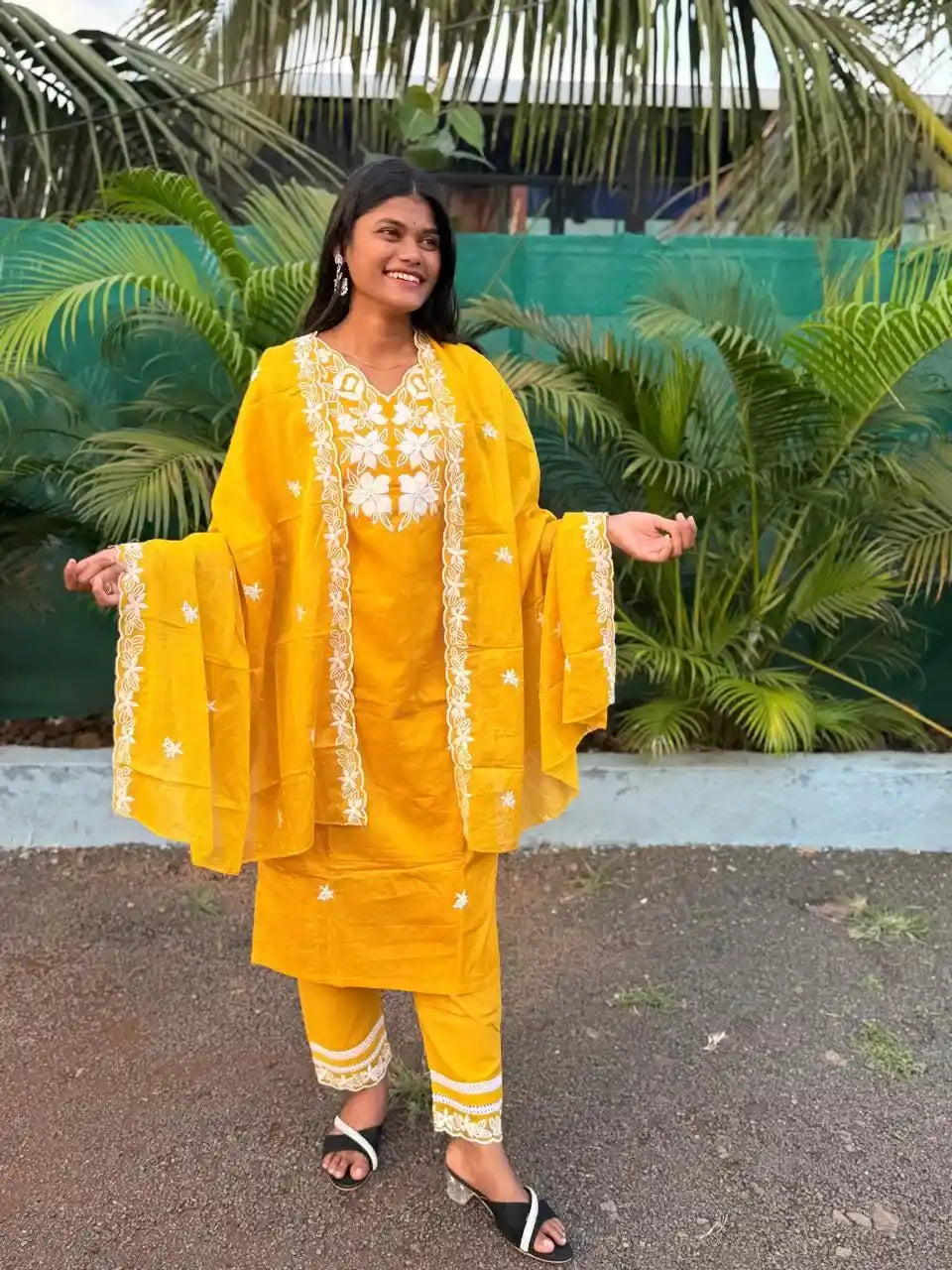 Yellow cotton straight kurta set with  chikankari embroidery