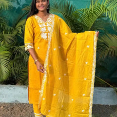 Yellow cotton straight kurta set with  chikankari embroidery