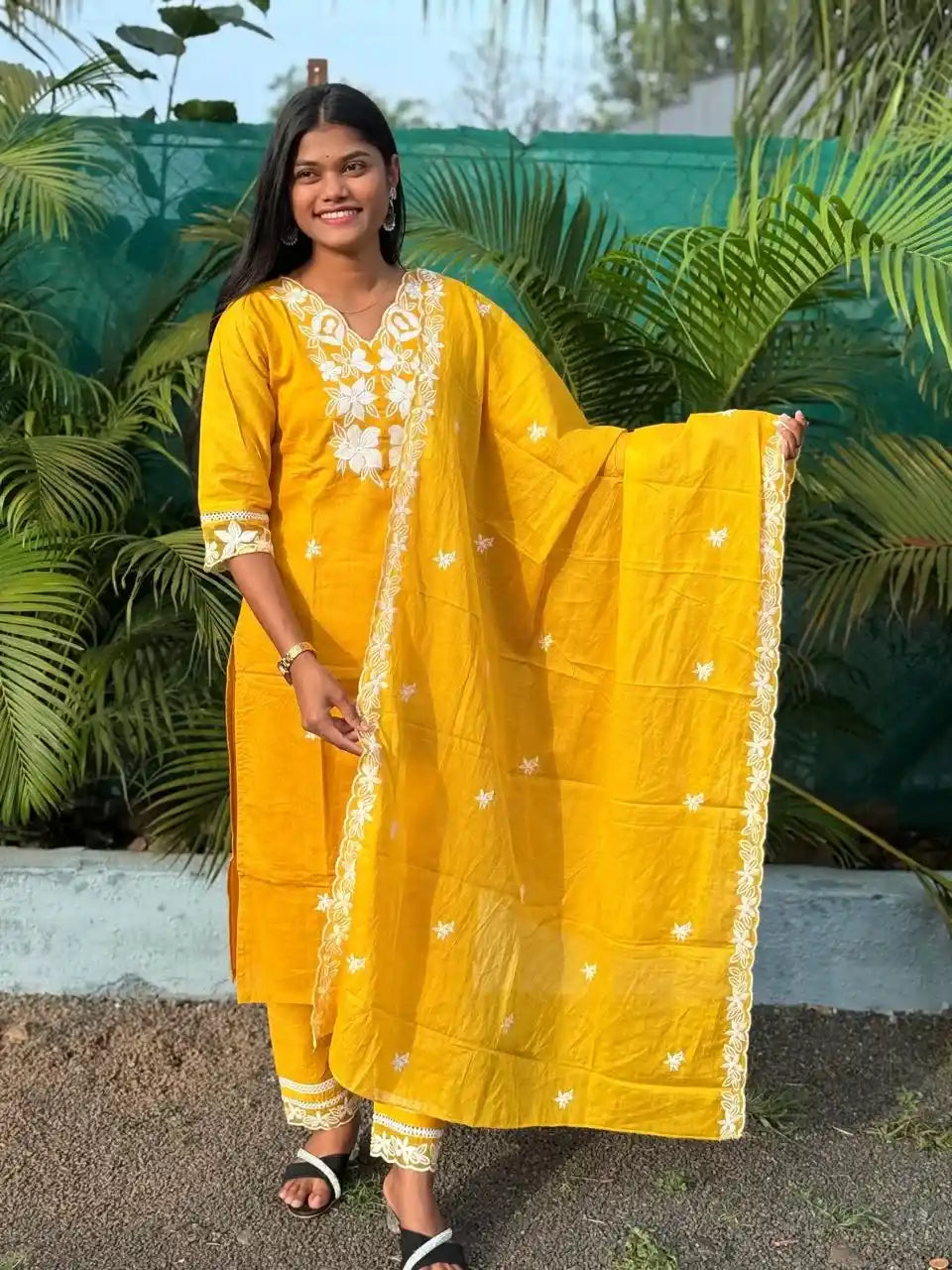 Yellow cotton straight kurta set with  chikankari embroidery