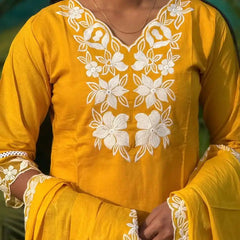 Yellow cotton straight kurta set with  chikankari embroidery