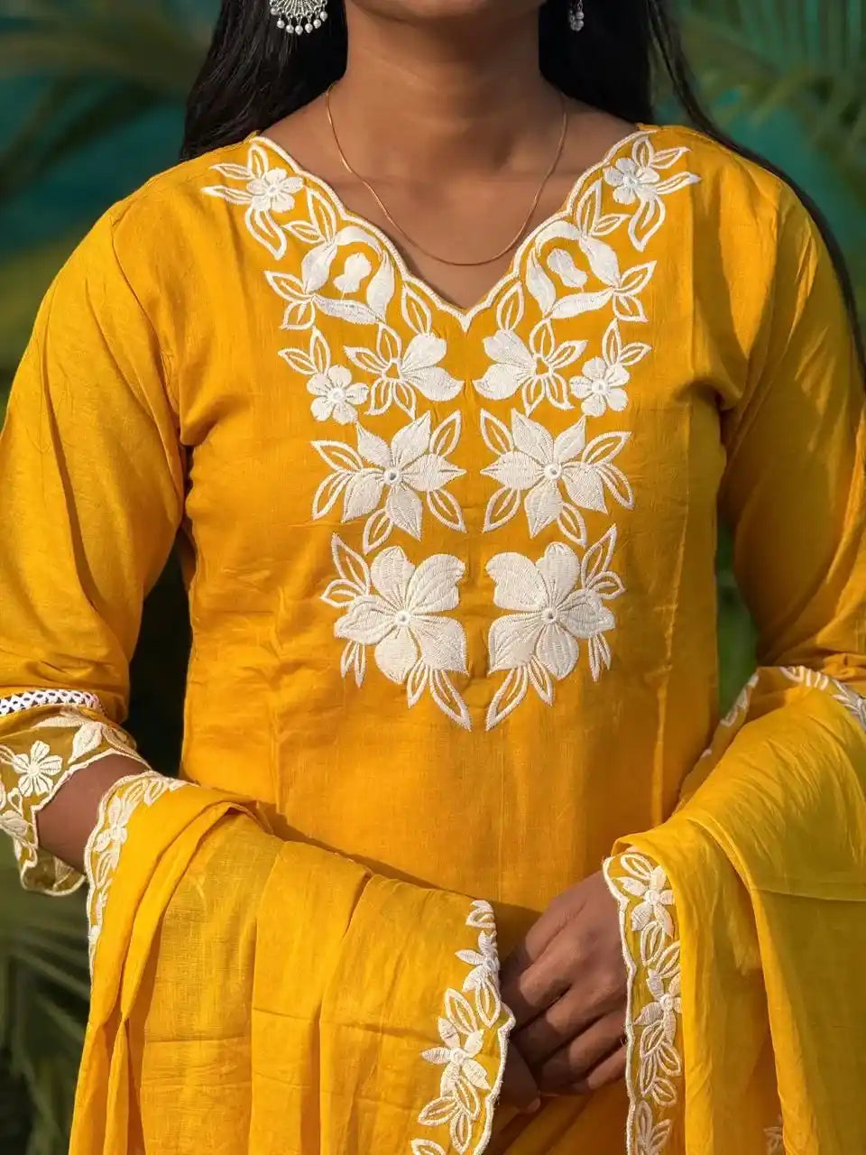 Yellow cotton straight kurta set with  chikankari embroidery