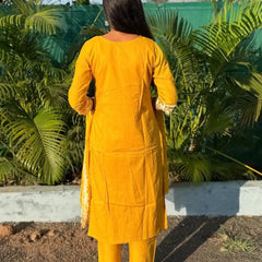 Yellow cotton straight kurta set with  chikankari embroidery