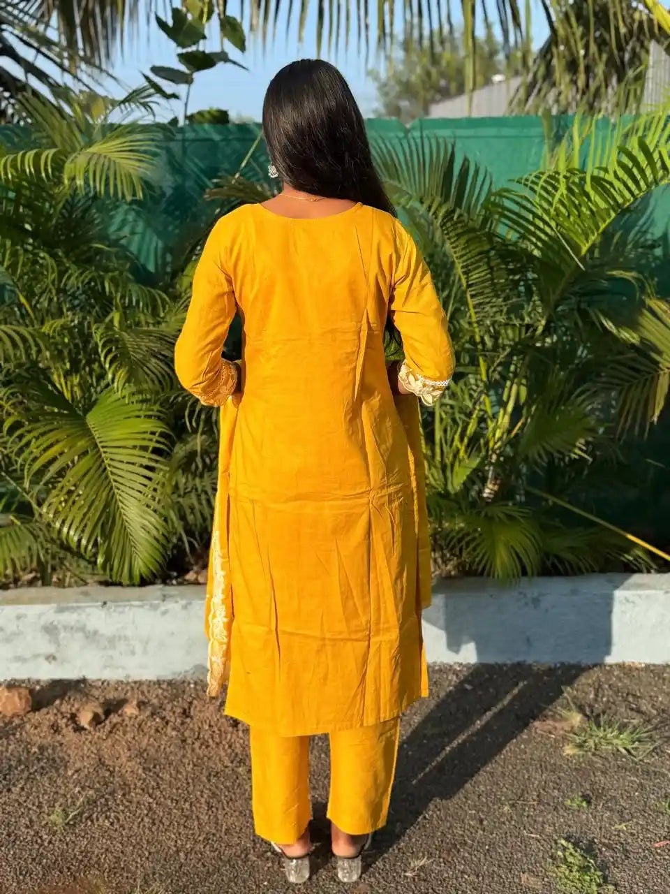Yellow cotton straight kurta set with  chikankari embroidery
