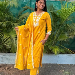 Yellow cotton straight kurta set with  chikankari embroidery