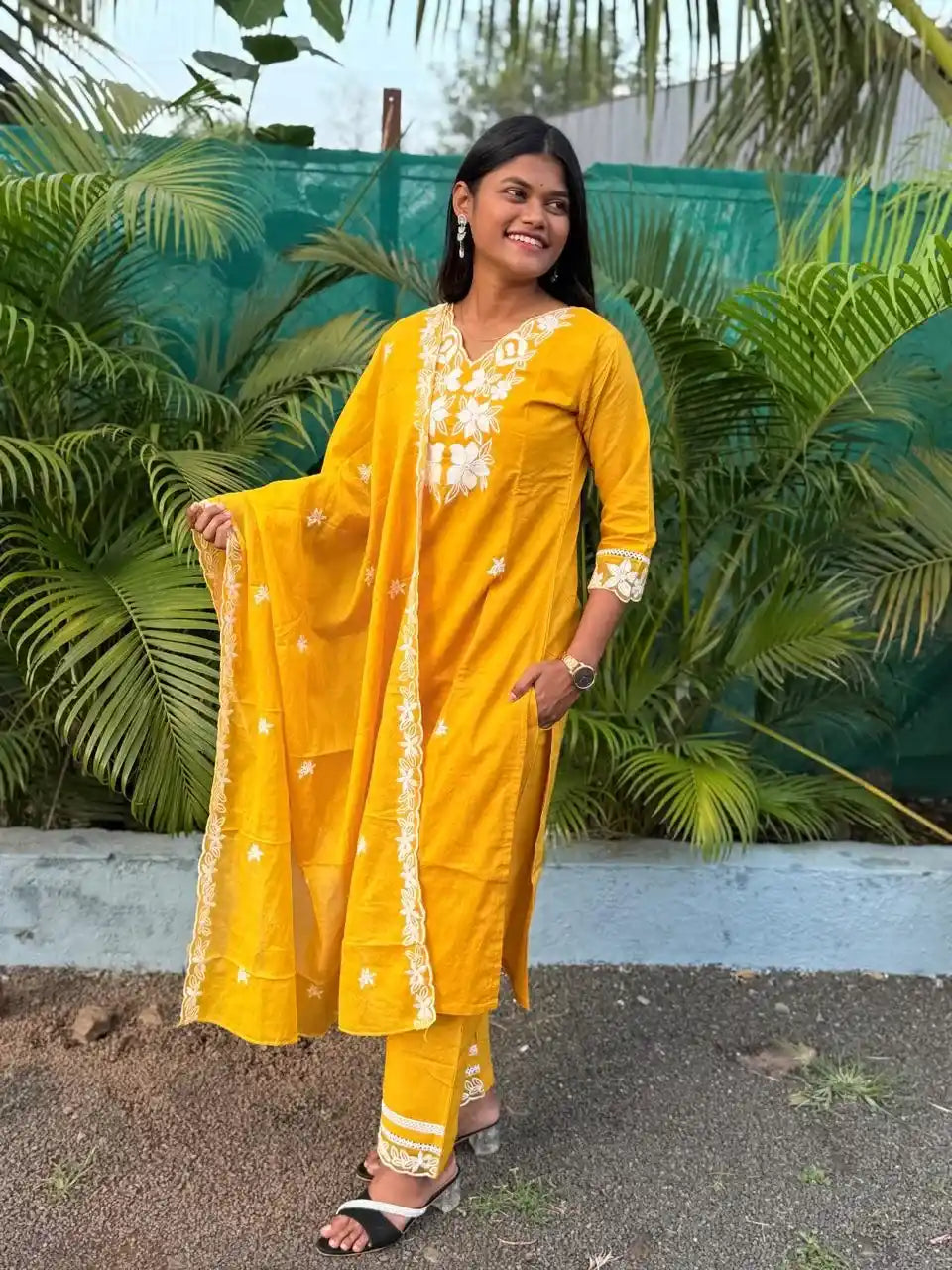 Yellow cotton straight kurta set with  chikankari embroidery