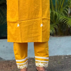 Yellow cotton straight kurta set with  chikankari embroidery