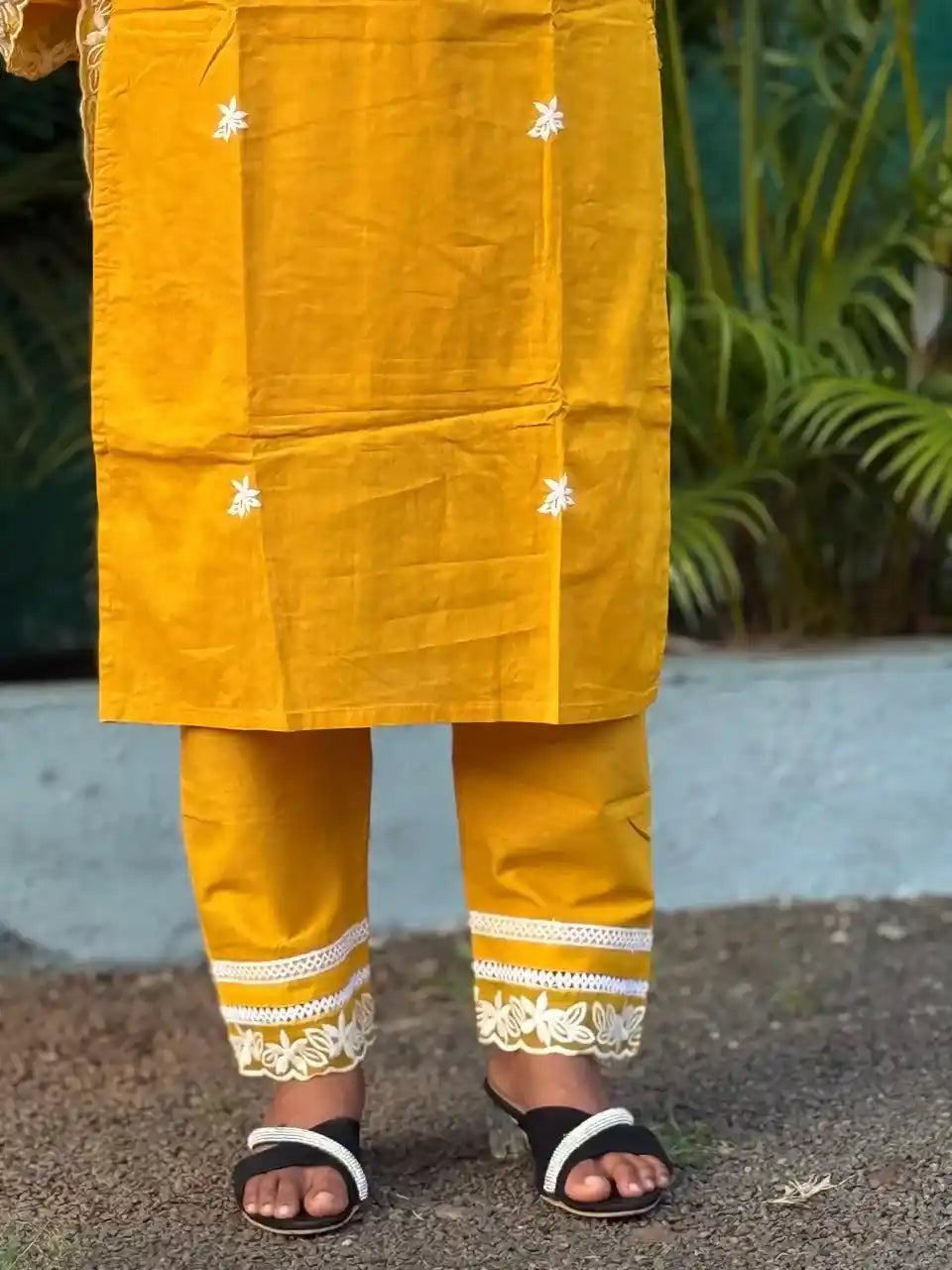 Yellow cotton straight kurta set with  chikankari embroidery