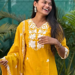 Yellow cotton straight kurta set with  chikankari embroidery