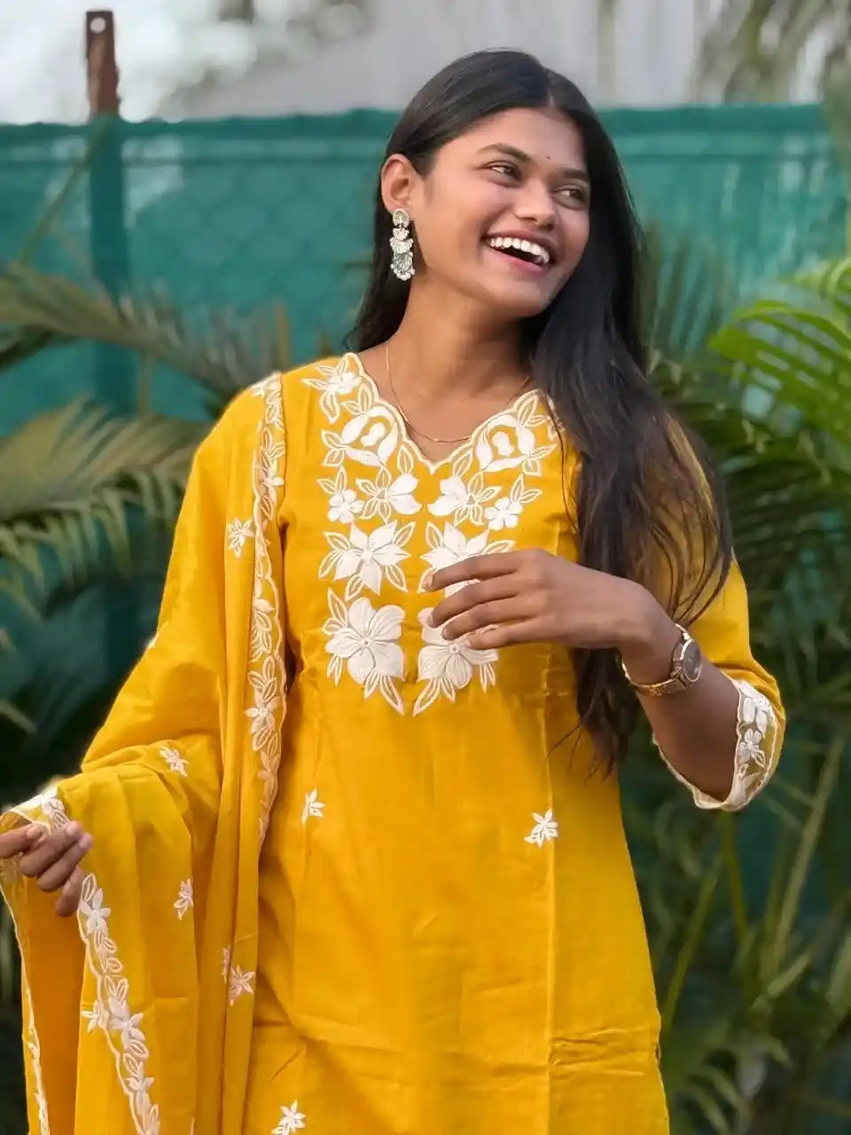 Yellow cotton straight kurta set with  chikankari embroidery