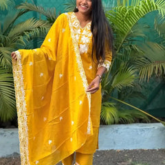 Yellow cotton straight kurta set with  chikankari embroidery