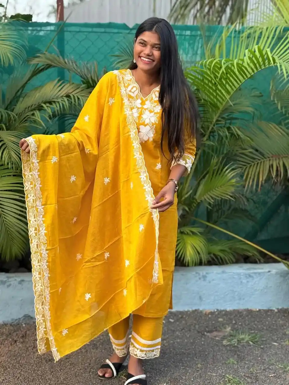 Yellow cotton straight kurta set with  chikankari embroidery