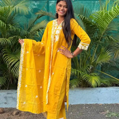 Yellow cotton straight kurta set with  chikankari embroidery