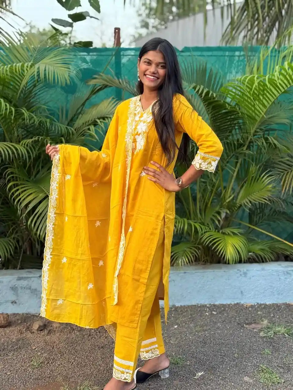 Yellow cotton straight kurta set with  chikankari embroidery