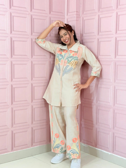 beige color co-ord set with embriodery