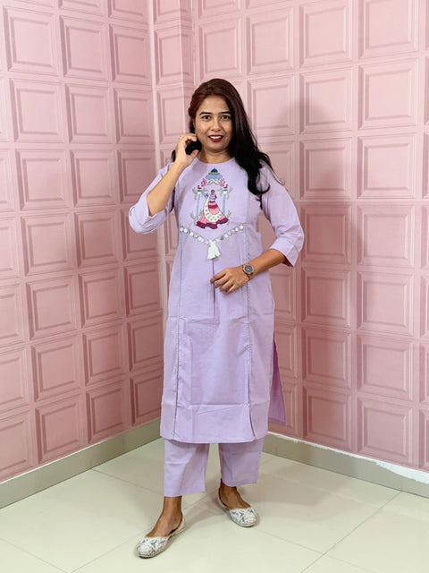 Lavender color cotton co-ord set with embroidery
