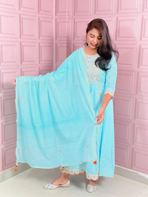 Sky blue premium cotton Anarkali with beautiful dupatta